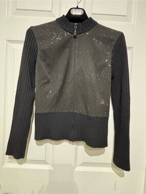 Vintage St. John Sports by Marie Gray Black Sparkle Zip-Front Knit Cardigan